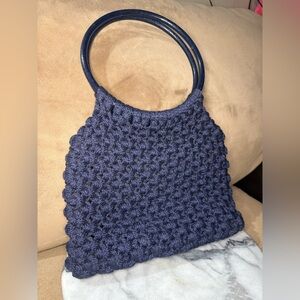 Vintage Navy Blue Macramé Tote Bag with Round Top Handles